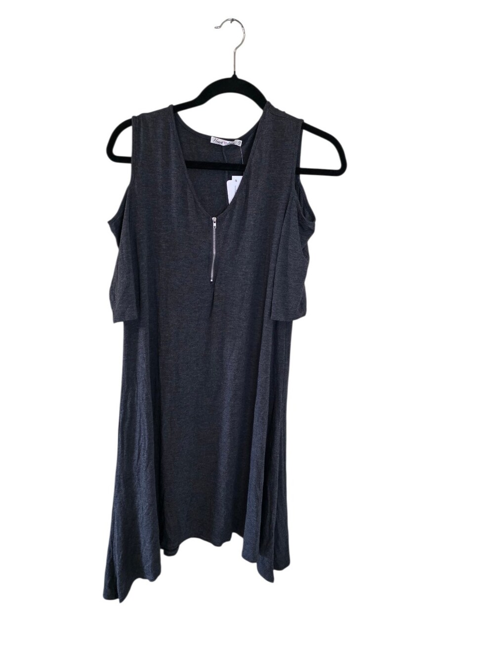 Heart and Hips Charcoal GrqyCold-Shoulder V-Neck Dress with Front Zip.
